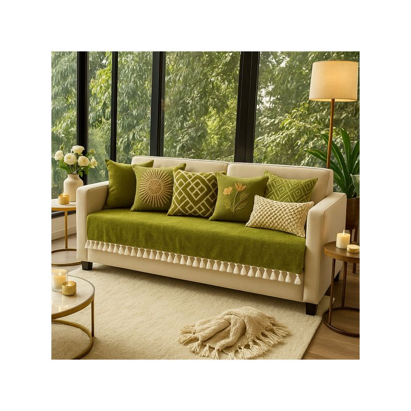 THROW PILLOW Olive Green With Small Tassel Trim Lace Sofa Cover (3 Seater)