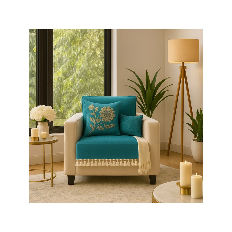 THROW PILLOW Peacock Blue With Small Tassel Trim Lace Sofa Cover (1 Seater)
