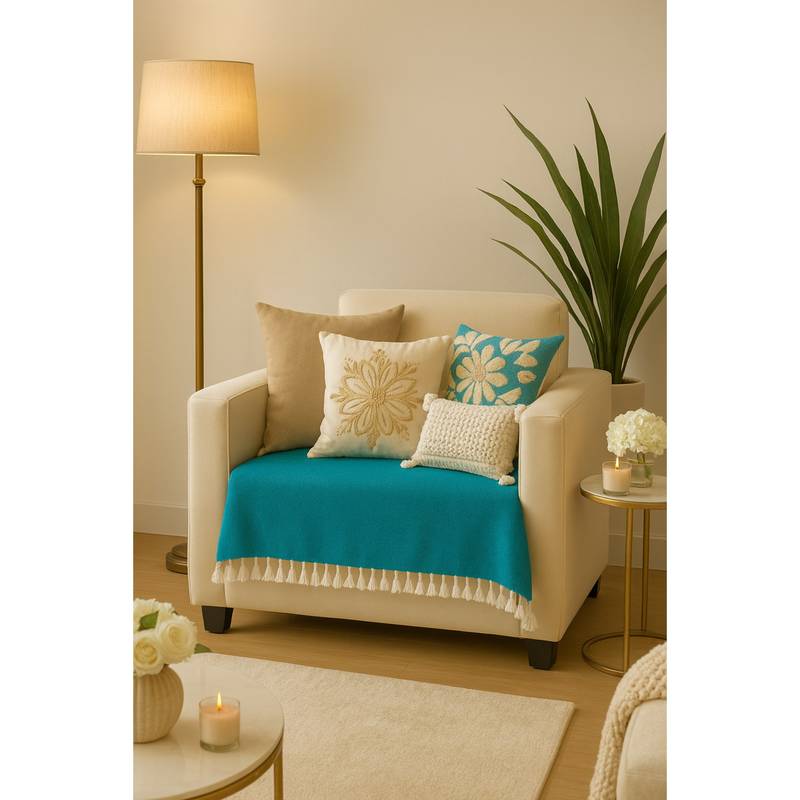 THROW PILLOW Peacock Blue With Small Tassel Trim Lace Sofa Cover (1 Seater)