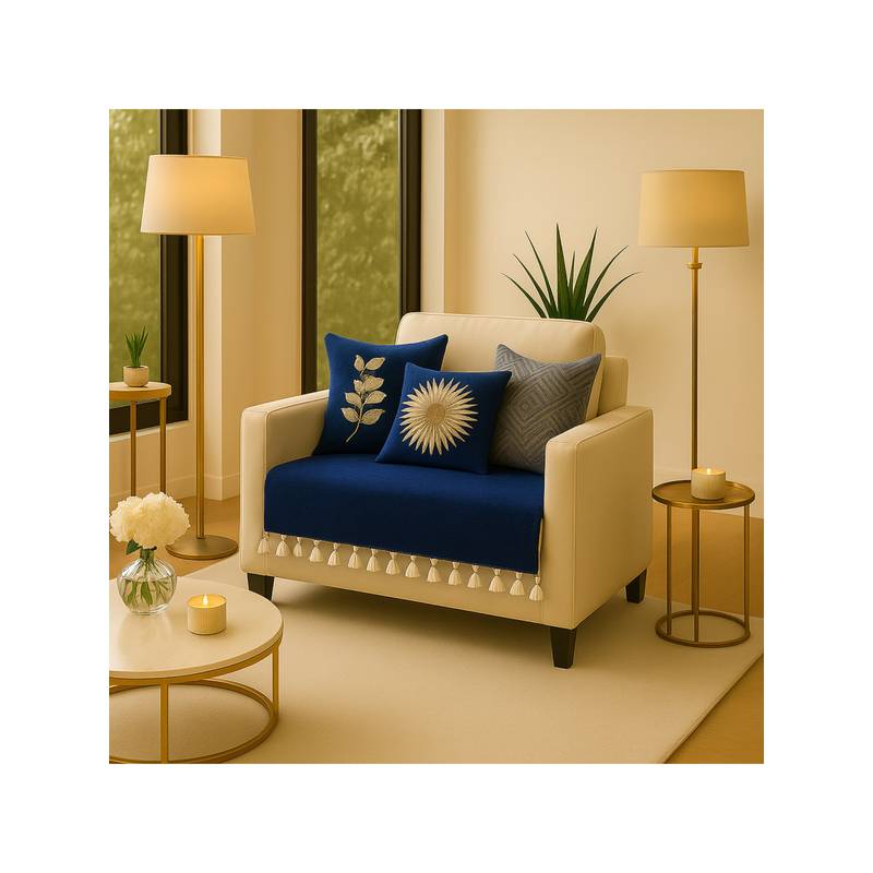 THROW PILLOW Navy Blue With Small Tassel Trim Lace Sofa Cover (1 Seater)