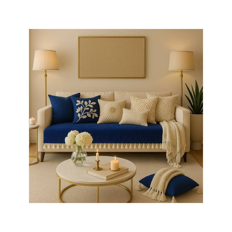 THROW PILLOW Navy Blue With Small Tassel Trim Lace Sofa Cover (4 Seater)