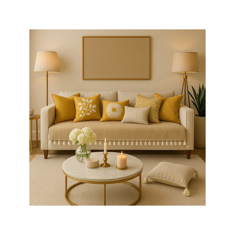 THROW PILLOW Light Beige With Small Tassel Trim Lace Sofa Cover (3 Seater)