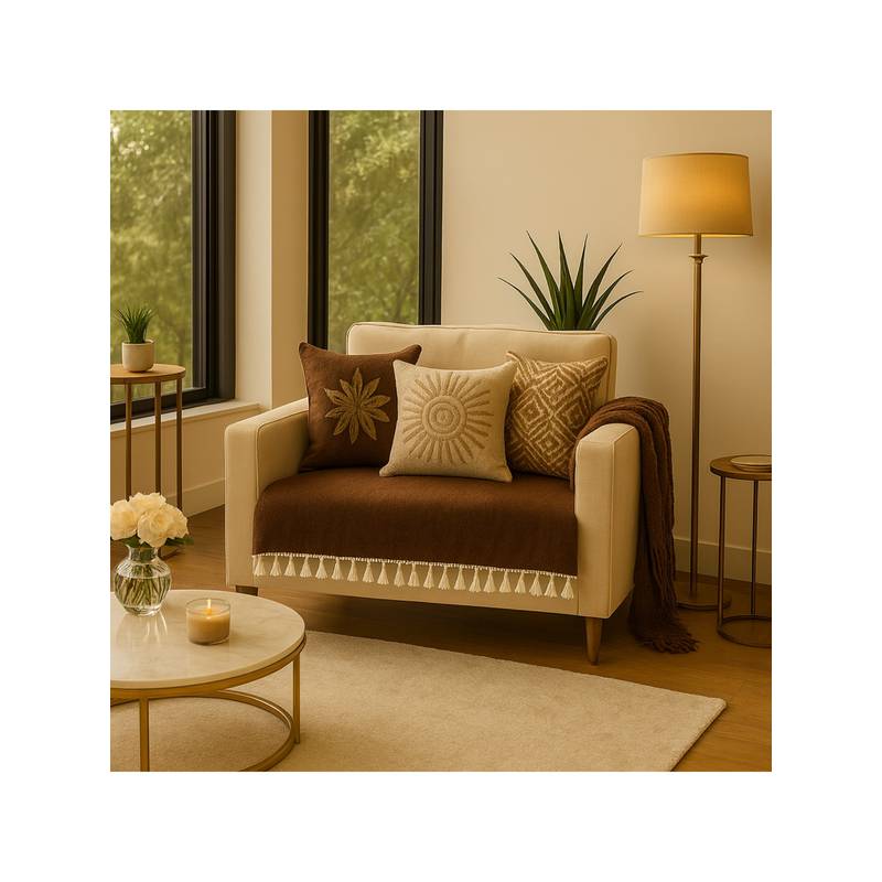 THROW PILLOW Brown With Small Tassel Trim Lace Sofa Cover (1 Seater)