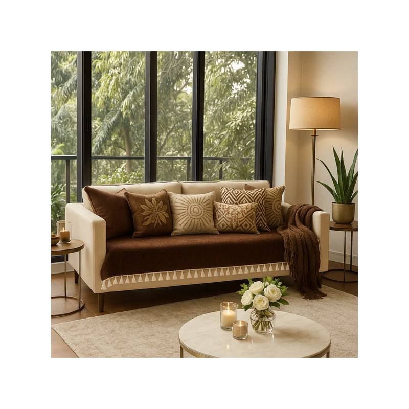 THROW PILLOW Brown With Small Tassel Trim Lace Sofa Cover (3 Seater)