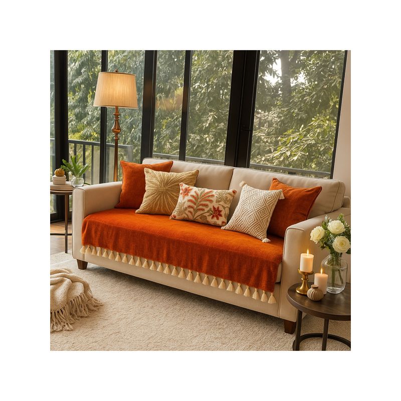 THROW PILLOW Orange With Small Tassel Trim Lace Sofa Cover (3 Seater)