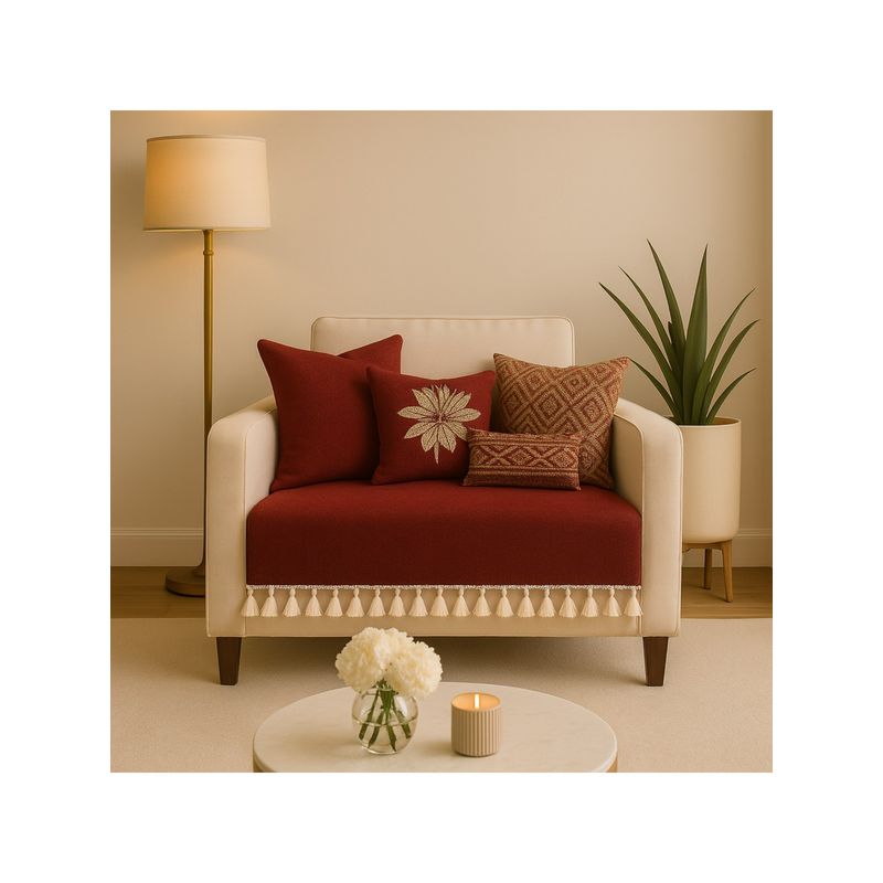 THROW PILLOW Maroon With Small Tassel Trim Lace Sofa Cover (1 Seater)