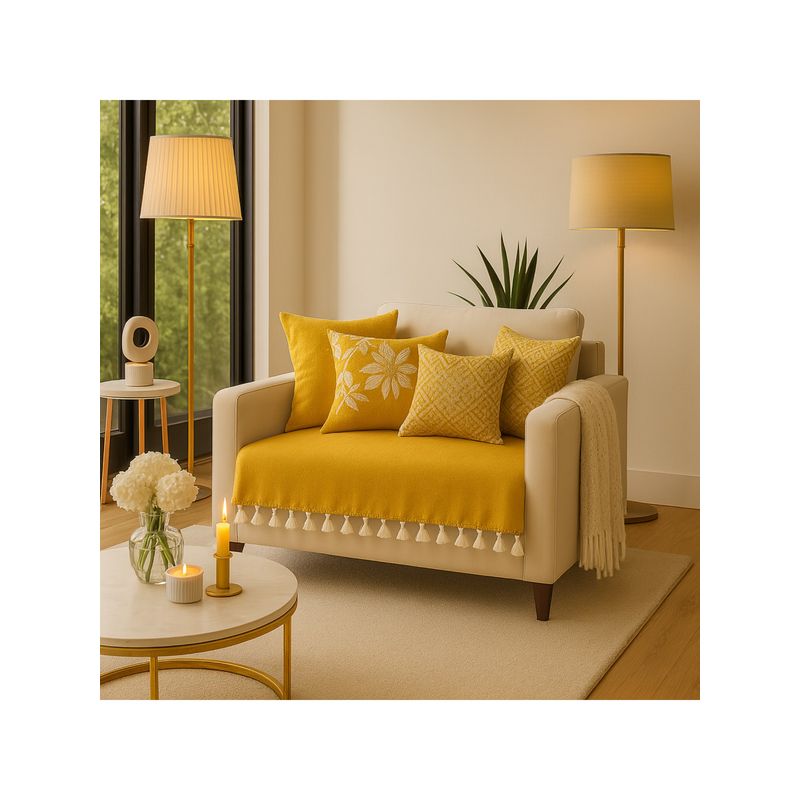 THROW PILLOW Mustard With Small Tassel Trim Lace Sofa Cover (2 Seater)