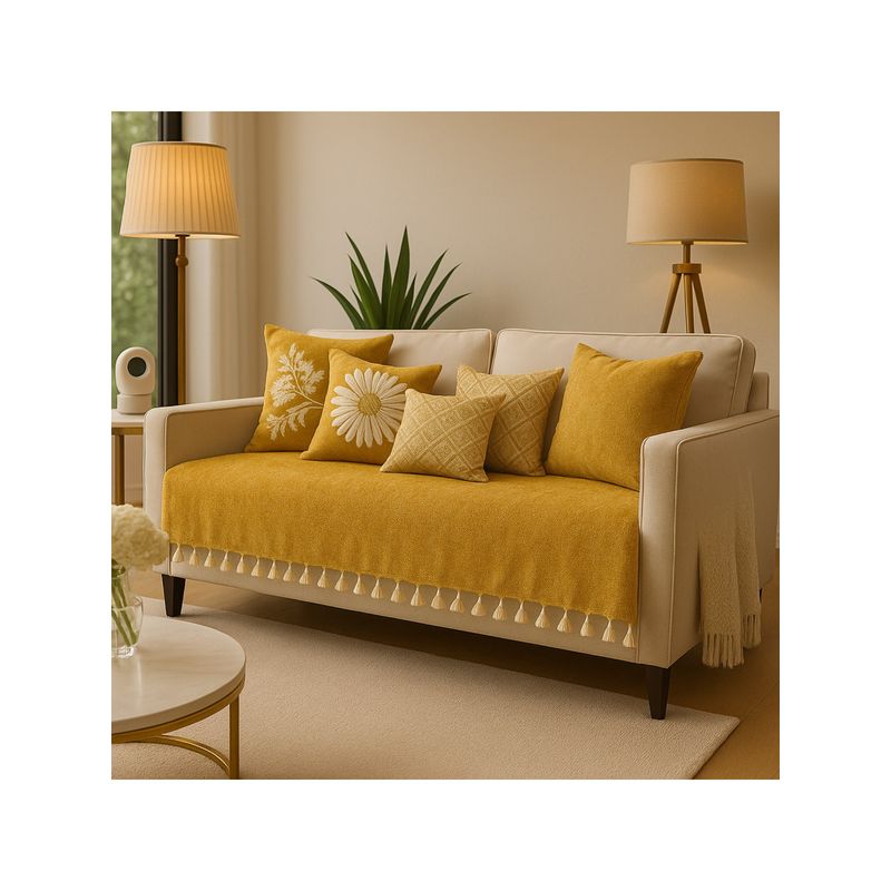 THROW PILLOW Mustard With Small Tassel Trim Lace Sofa Cover (3 Seater)