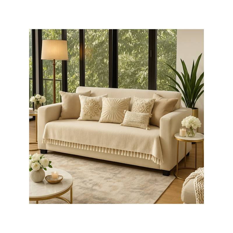 THROW PILLOW Neutral With Small Tassel Trim Lace Sofa Cover (3 Seater)