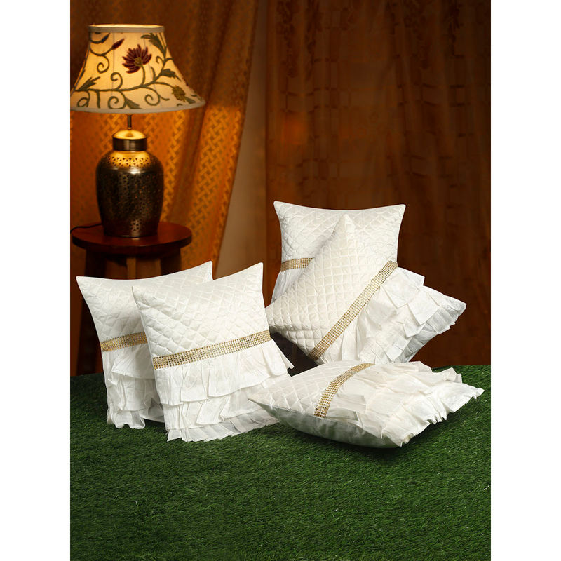 HOSTA HOMES White & GoldToned Set of 5 Embellished Satin Square