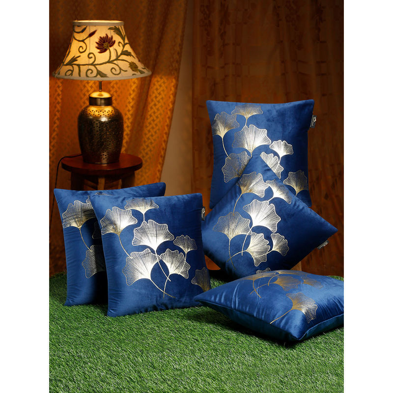 HOSTA HOMES Navy Blue & Gold Set of 5 Floral Velvet Square Cushion