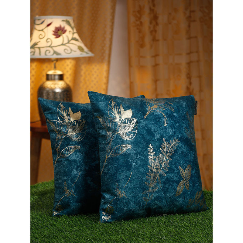 HOSTA HOMES Teal & GoldToned 2 Pieces Floral Velvet Square Cushion
