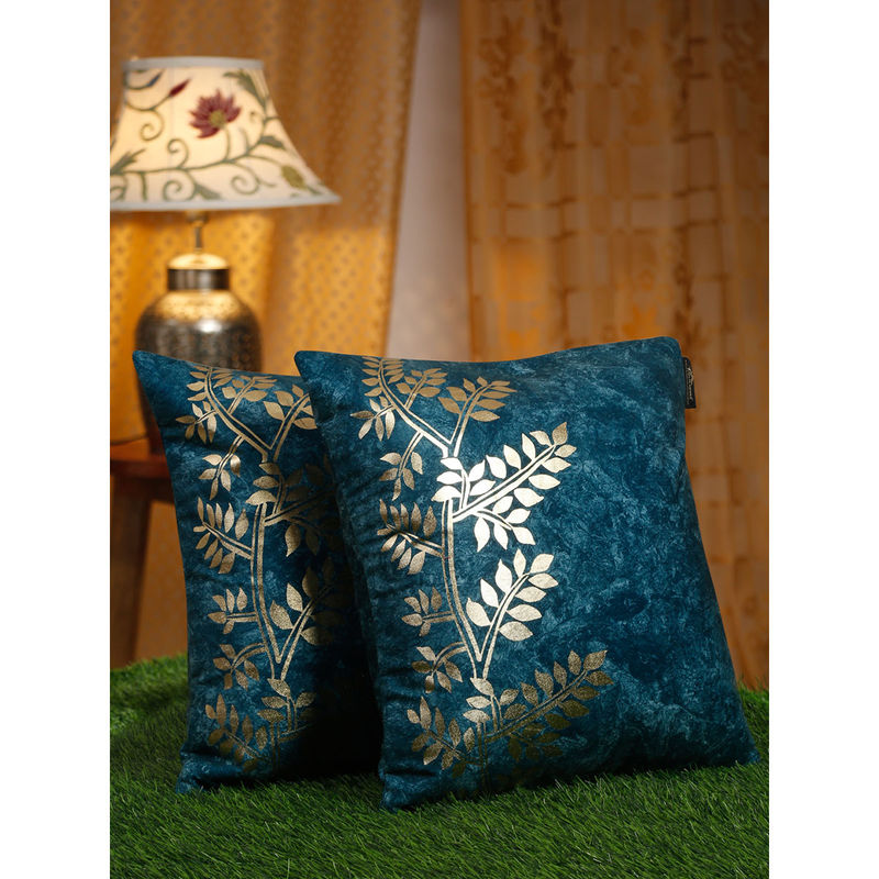 HOSTA HOMES Teal & GoldToned 2 Pieces Ethnic Motifs Velvet Square