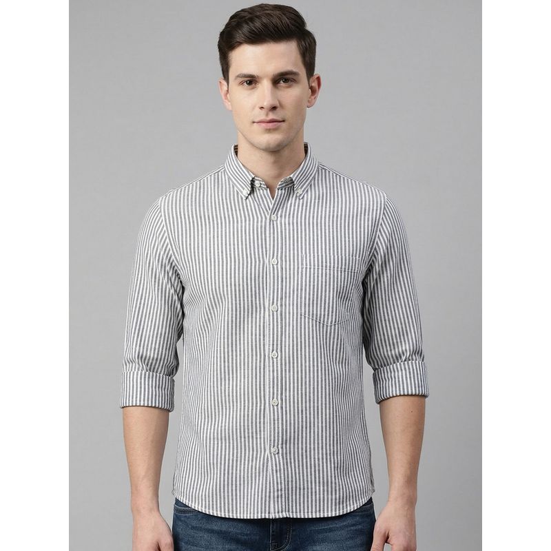 Odette White & Grey Cotton Linen Stripes Shirt (L)