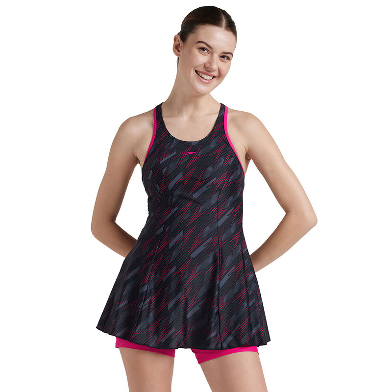 Speedo Women's Endurance10 Hyperboom Printed Racerback Swimdress With Boyleg - Black & Pink (42)