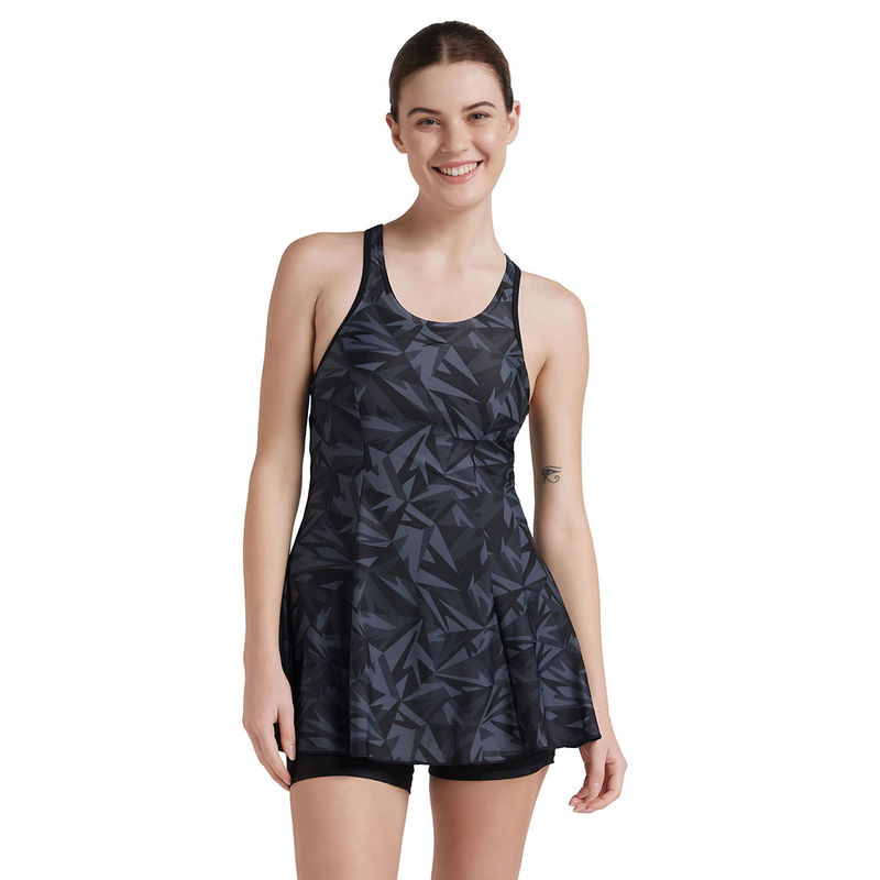 Speedo Women Hyperboom Printed Racer Back Swimdress with Boyleg Black & Oxid Grey (40)