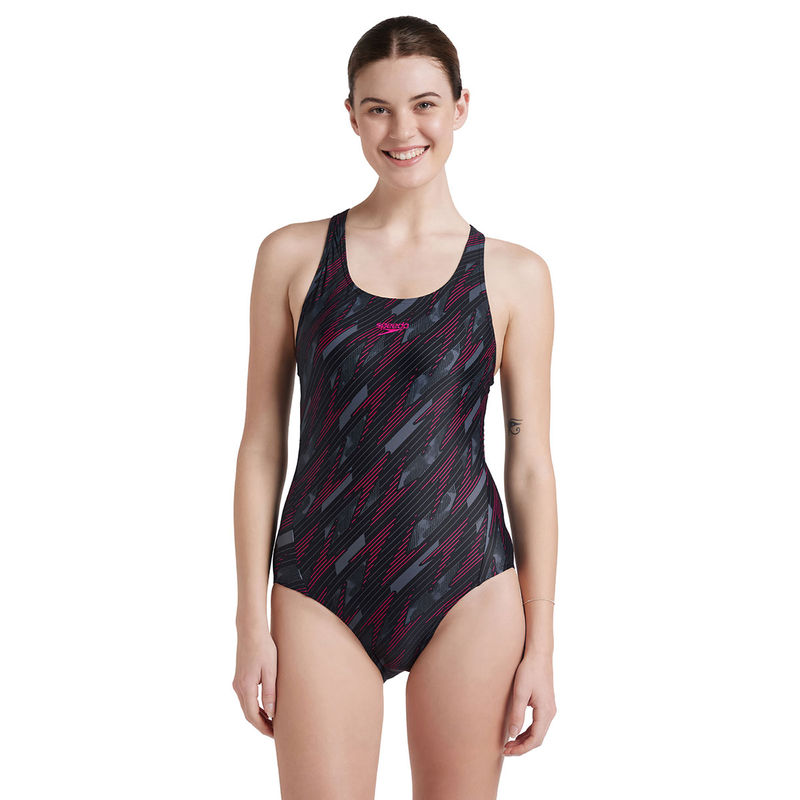 Speedo Women Hyperboom Allover Raceback One Piece Swimwear Black & Electric Pink (30)