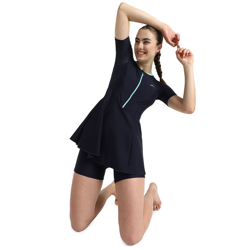Speedo Women's Endurance10 Closedback Sleeved Swimdress With Boyleg - True Navy & Arctic Glass (38)