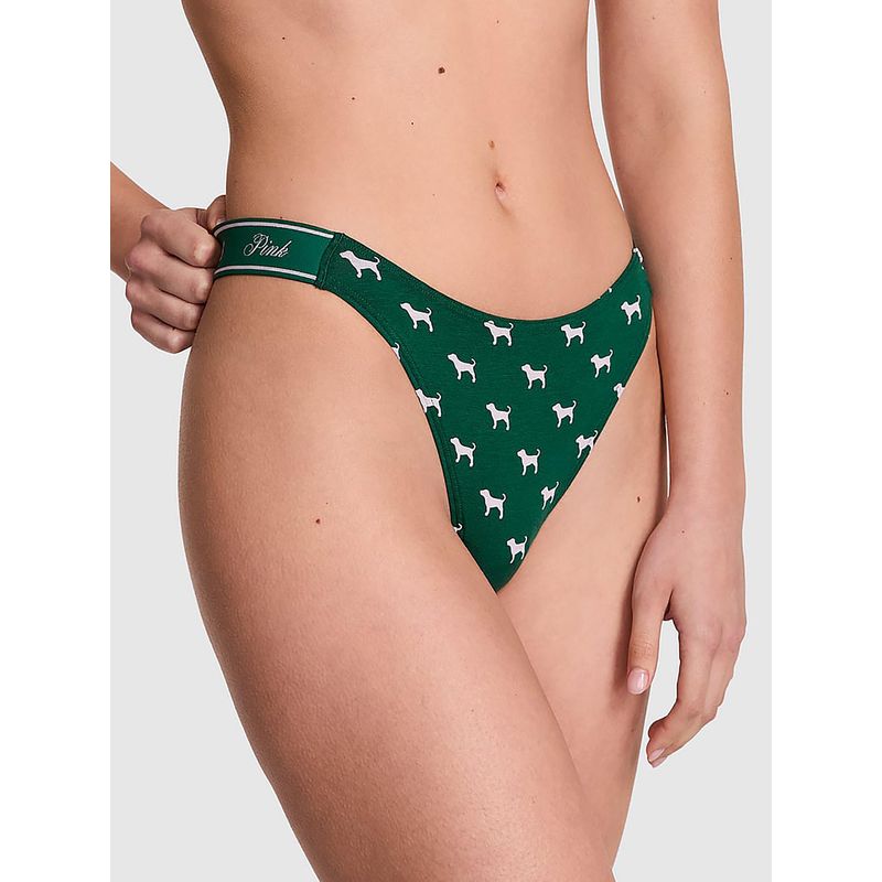 Victoria's Secret PINK Logo Cotton Shine High-Leg Thong Panty Green (XS)