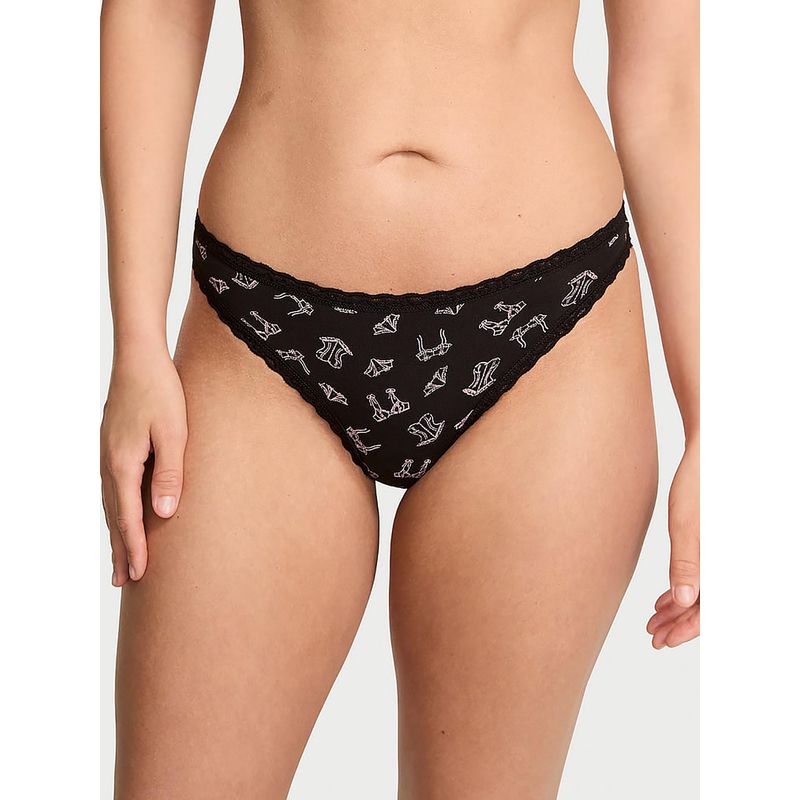 Victoria's Secret The Lacie Cotton Lace-Waist Thong Black (XS)