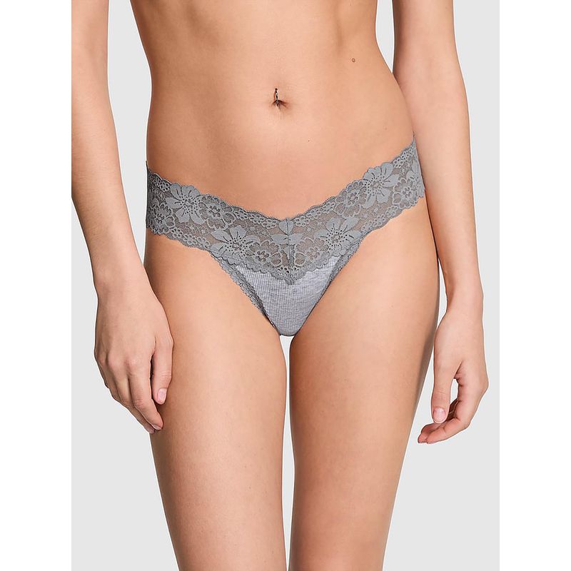 Victoria's Secret PINK Wink Lace-Trim Thong Panty Grey (XS)