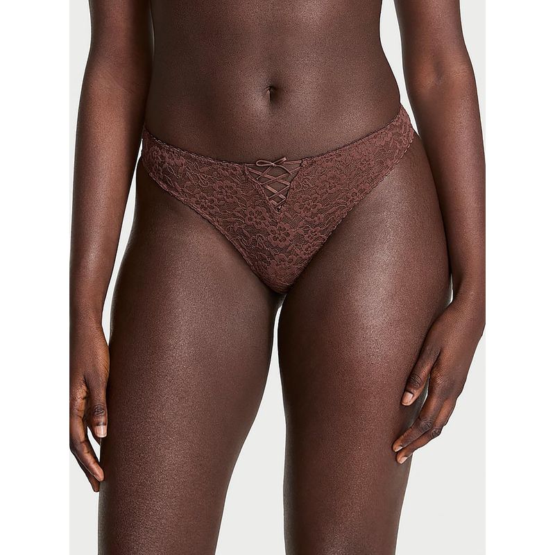 Victoria's Secret Lacie Lace-Up Bow Thong Panty Brown (XS)