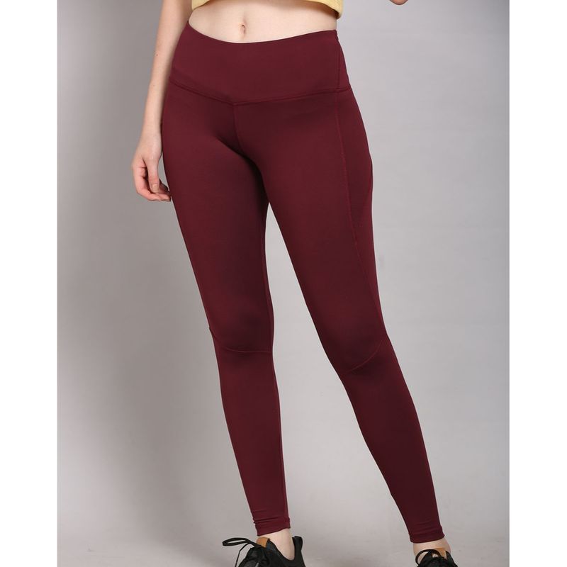The Dance Bible High Waist Maroon Solid Gym Leggings with Back Zip Pocket (S)