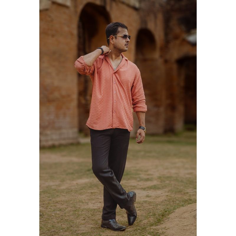 JAVINISHKA Peach Chikankari Embroidered Unisex Rayon Shirt (S)