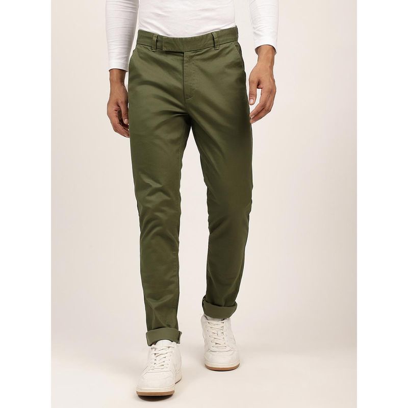 HARSAM Mens Solid Olive Regular Chinos (34)