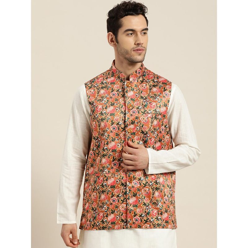 SOJANYA Silk Blend Orange Printed Only Nehru Jacket (S)