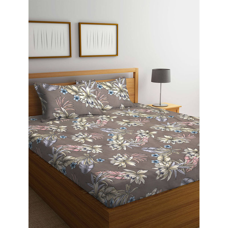 Klotthe 210 TC Brown Floral Polycotton Flat Double Bed Sheet with 2
