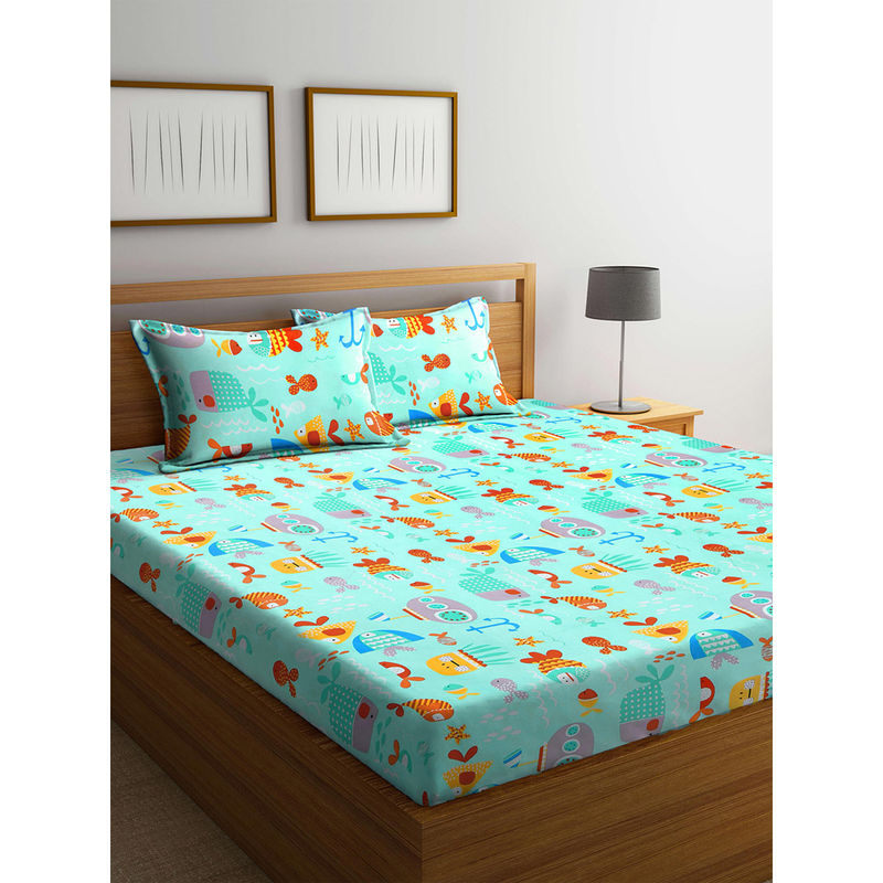 Klotthe 210 TC Turquoise Kids Print Polycotton Flat Double Bed Sheet