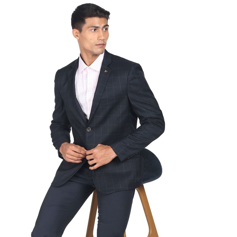 AD By Arvind Men Navy Blue Windowpane Check Tailored Fit Blazer (40)