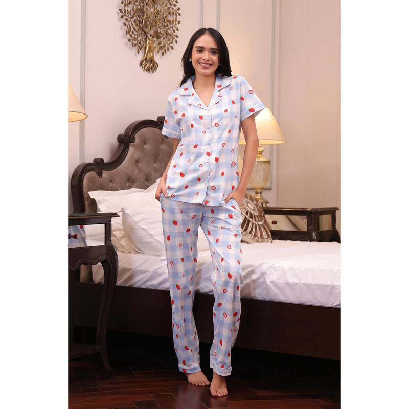 NAP STORY Strawberry Checks Half Sleeve Shirt and Pyjama Blue (XL)