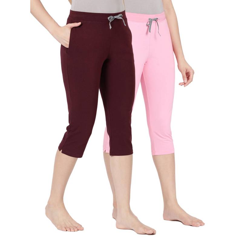 BLOSSOM Womens Elastane Premium Soft Stretchable Cotton Capri Multi-Color (Pack of 2) (L)