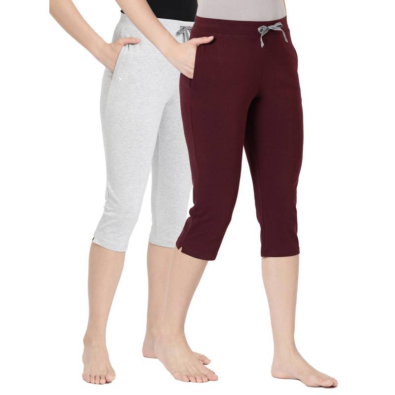BLOSSOM Womens Elastane Premium Soft Stretchable Cotton Capri Multi-Color (Pack of 2) (M)