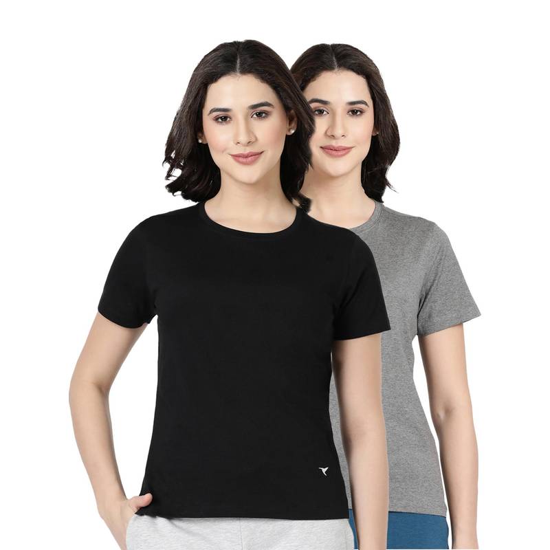 BLOSSOM Womens 100% Knitted Cotton Round Neck T-Shirt Multi-Color (Pack of 2) (S)