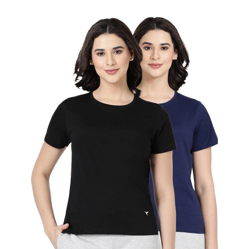 BLOSSOM Womens 100% Knitted Cotton Round Neck T-Shirt Multi-Color (Pack of 2) (S)