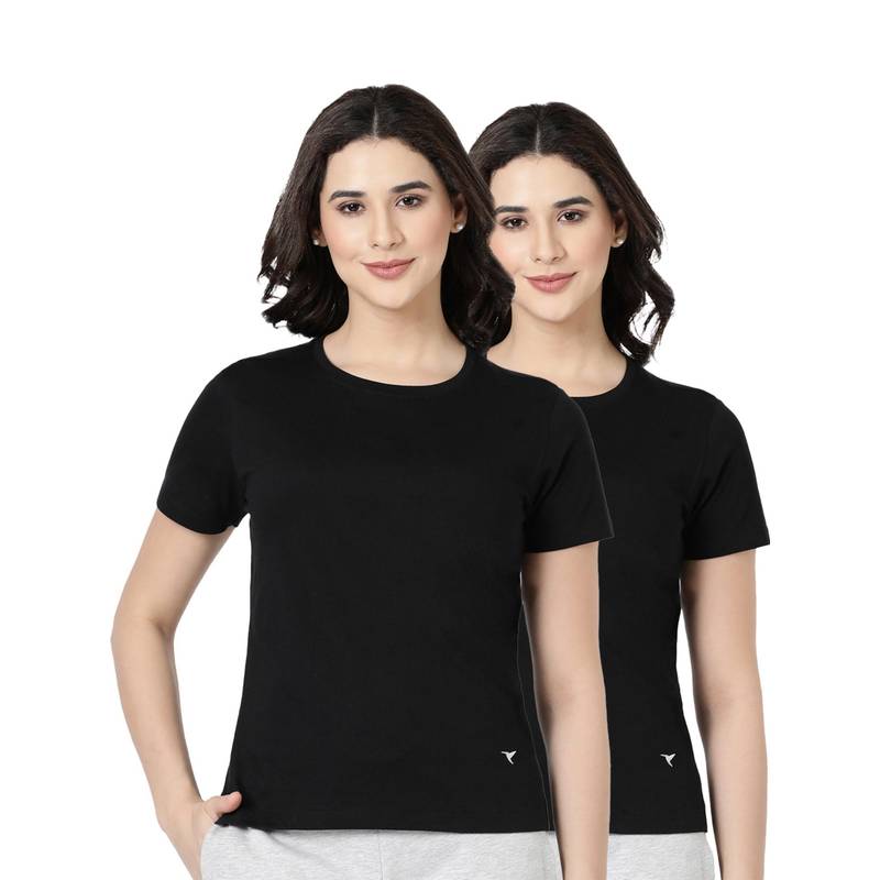 BLOSSOM Womens 100% Knitted Cotton Round Neck T-Shirt Black (Pack of 2) (M)