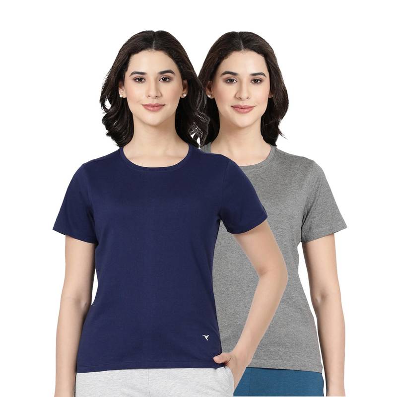 BLOSSOM Womens 100% Knitted Cotton Round Neck T-Shirt Multi-Color (Pack of 2) (S)