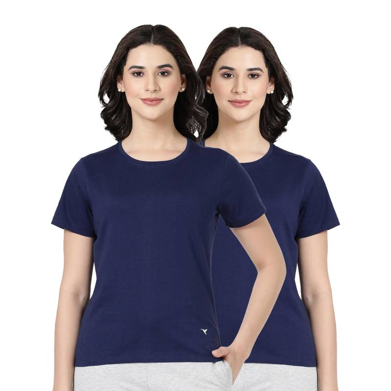 BLOSSOM Womens 100% Knitted Cotton Round Neck T-Shirt Navy Blue (Pack of 2) (S)