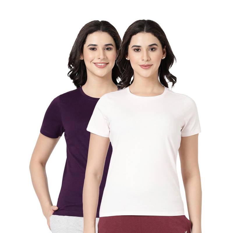 BLOSSOM Womens 100% Knitted Cotton Round Neck T-Shirt Multi-Color (Pack of 2) (M)