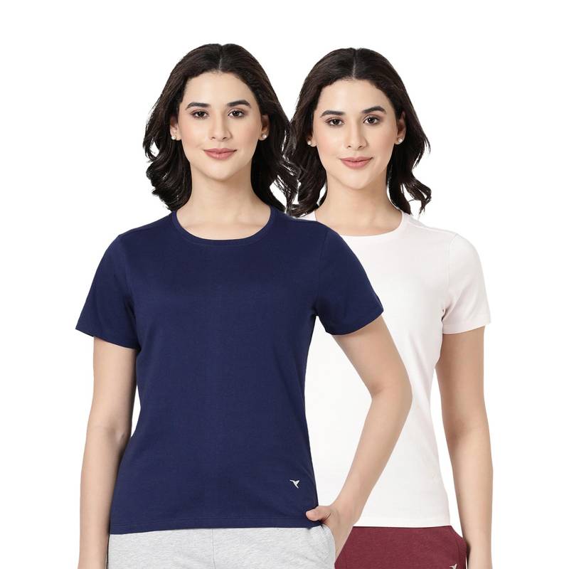 BLOSSOM Womens 100% Knitted Cotton Round Neck T-Shirt Multi-Color (Pack of 2) (S)