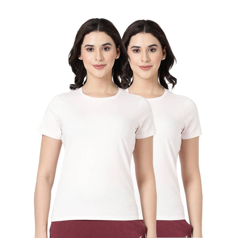 BLOSSOM Womens 100% Knitted Cotton Round Neck T-Shirt Off White (Pack of 2) (S)