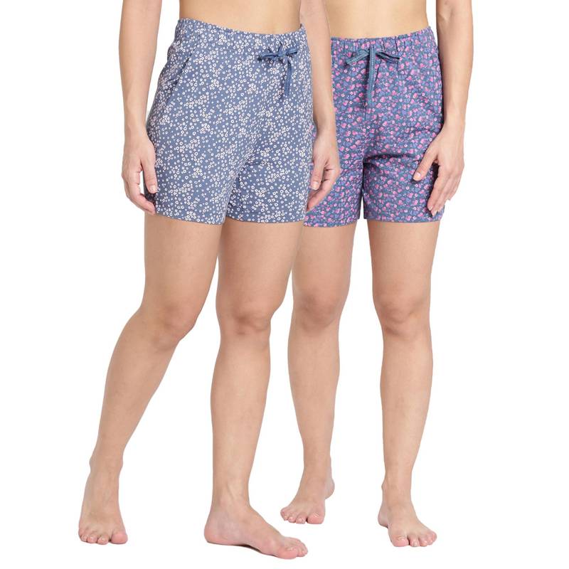 BLOSSOM Womens Super Combed Cotton Relaxed Fit Printed Shorts Multi-Color (Pack of 2) (S)