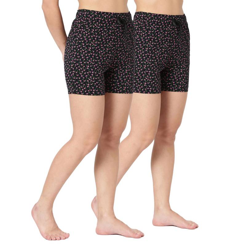 BLOSSOM Womens Super Combed Cotton Relaxed Fit Printed Shorts Black (Pack of 2) (M)