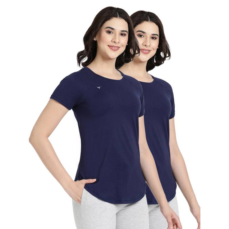BLOSSOM Womens Stretchable Cotton T-Shirt Navy Blue (Pack of 2) (M)