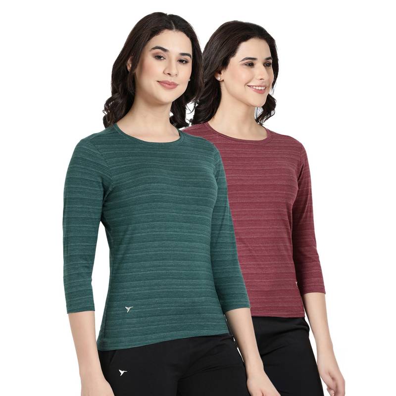 BLOSSOM Womens Striped Melange Soft Cotton T-Shirt Multi-Color (Pack of 2) (S)