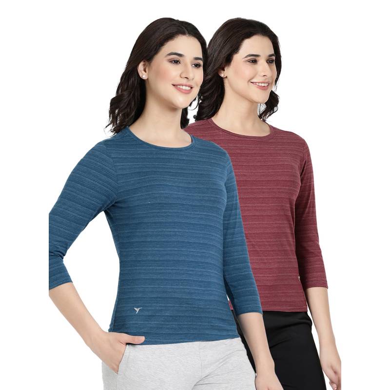 BLOSSOM Womens Striped Melange Soft Cotton T-Shirt Multi-Color (Pack of 2) (M)