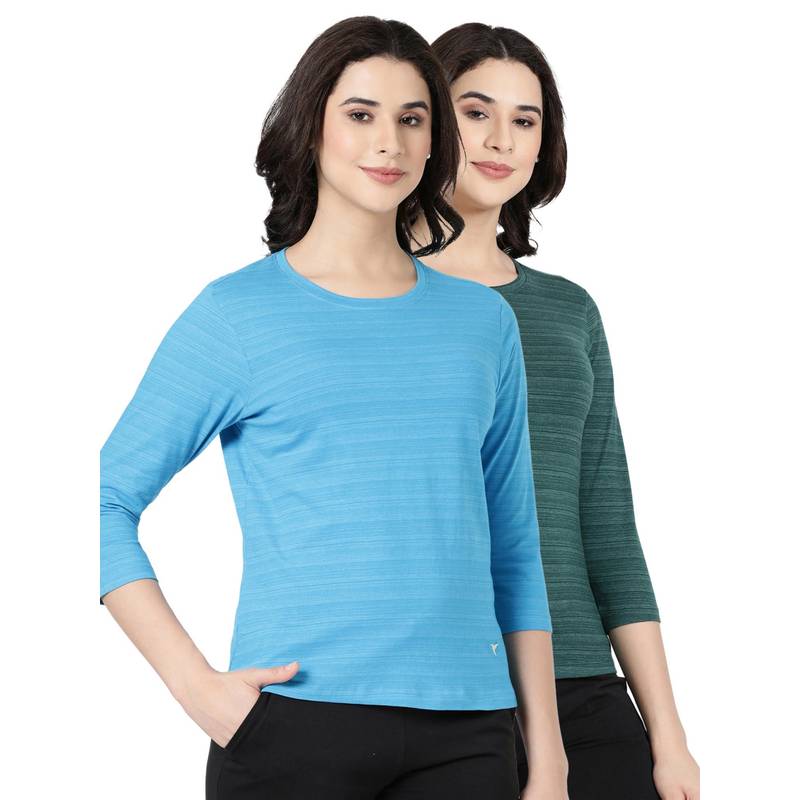 BLOSSOM Womens Striped Melange Soft Cotton T-Shirt Multi-Color (Pack of 2) (S)